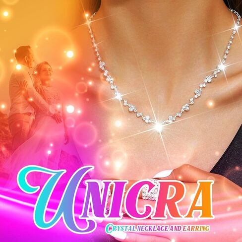 Unicra Bride مجموعة أقراط كريستال قلادة مجموعة مجوهرات الزفاف مجموعات حجر الراين قلادة قلادة حفلة موسيقية مجموعة مجوهرات للنساء والفتيات (مجموعة من 3 قطع - حلقان وقلادة واحدة) in Kuwait