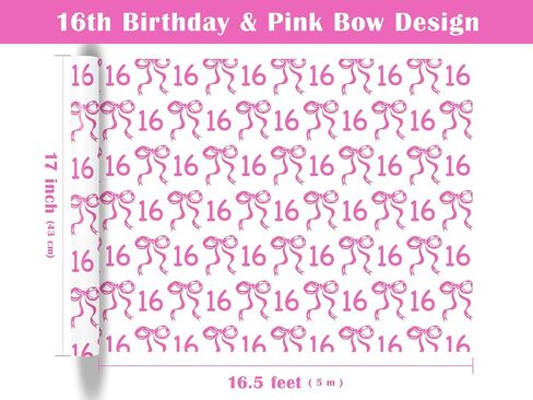 WRAPAHOLIC 13th Birthday Wrapping Paper Roll - Mini Roll - 17 Inch x 16.5 Feet - Pink Bow Wrapping Paper for Girls Birthday, Baby Shower, Party in Saudi Arabia