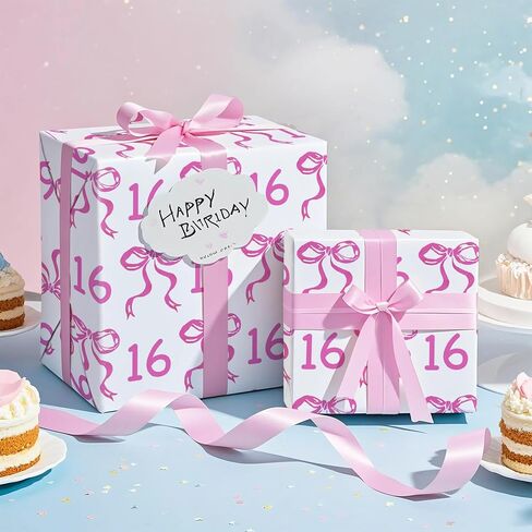 WRAPAHOLIC 13th Birthday Wrapping Paper Roll - Mini Roll - 17 Inch x 16.5 Feet - Pink Bow Wrapping Paper for Girls Birthday, Baby Shower, Party in Saudi Arabia