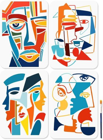 MAYJOYDIY 4Pcs A4 Size Abstract Faces Paterrn Stencil Grotesque Geometric Face Art Stencils 11.7×8.3inch with Paint Brush Reusable Crafts Templates for Window Wood Wall Home Decor in Saudi Arabia