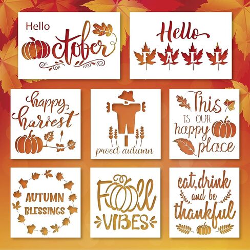 8Pcs Autumn Fall Painting Stencils Thanksgiving Drawing Templates Stencils Plastic Templates for DIY Art Craft Home Decor Maple Leaves Pumpkin Wreath Wheat Ears Scarecrow Stencils in Saudi Arabia