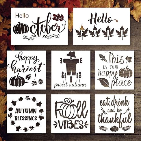 8Pcs Autumn Fall Painting Stencils Thanksgiving Drawing Templates Stencils Plastic Templates for DIY Art Craft Home Decor Maple Leaves Pumpkin Wreath Wheat Ears Scarecrow Stencils in Saudi Arabia