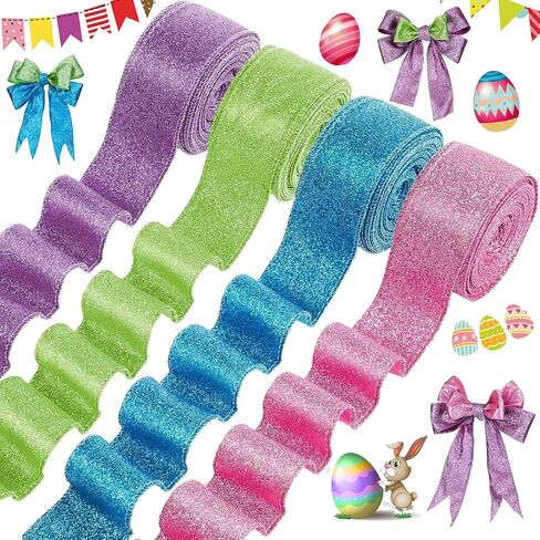 Hanaive Easter Ribbon Glitter Wired Happy Easter Ribbon Decor for Gifts Wrapping Bouquet Floral Bow DIY Craft(1.5'',Pink, Purple, Green, Blue) in Saudi Arabia