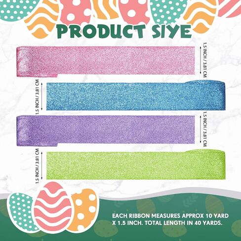 Hanaive Easter Ribbon Glitter Wired Happy Easter Ribbon Decor for Gifts Wrapping Bouquet Floral Bow DIY Craft(1.5'',Pink, Purple, Green, Blue) in Saudi Arabia