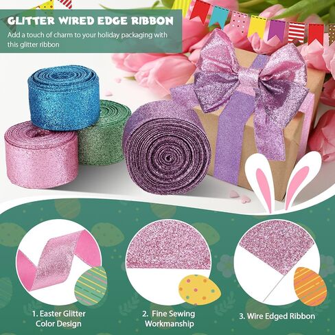 Hanaive Easter Ribbon Glitter Wired Happy Easter Ribbon Decor for Gifts Wrapping Bouquet Floral Bow DIY Craft(1.5'',Pink, Purple, Green, Blue) in Saudi Arabia