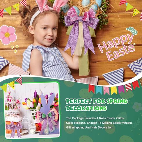 Hanaive Easter Ribbon Glitter Wired Happy Easter Ribbon Decor for Gifts Wrapping Bouquet Floral Bow DIY Craft(1.5'',Pink, Purple, Green, Blue) in Saudi Arabia