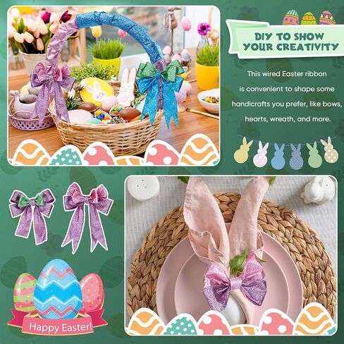 Hanaive Easter Ribbon Glitter Wired Happy Easter Ribbon Decor for Gifts Wrapping Bouquet Floral Bow DIY Craft(1.5'',Pink, Purple, Green, Blue) in Saudi Arabia