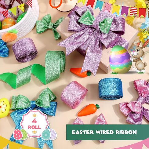 Hanaive Easter Ribbon Glitter Wired Happy Easter Ribbon Decor for Gifts Wrapping Bouquet Floral Bow DIY Craft(1.5'',Pink, Purple, Green, Blue) in Saudi Arabia