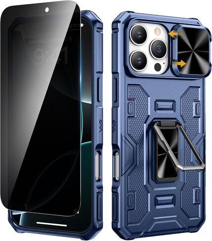 VEGO Case for iPhone 16 Pro Max, Slide Camera Cover & Privacy Screen Protector & 360°Rotatable Ring Kickstand Military Grade Heavy Duty Protection Case for iPhone 16 ProMax 2024 5G 6.9 Inch - Black in Kuwait