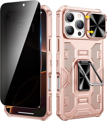 VEGO Case for iPhone 16 Pro Max, Slide Camera Cover & Privacy Screen Protector & 360°Rotatable Ring Kickstand Military Grade Heavy Duty Protection Case for iPhone 16 ProMax 2024 5G 6.9 Inch - Black in Kuwait