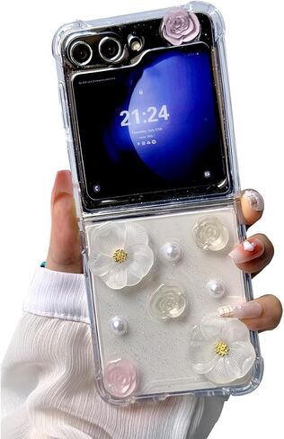 Elegant Woman Case for Galaxy Z Flip 5 with 3D White Bows and Pearls, Cute Girls Case for Samsung Galaxy Z Flip 5 Shockproof with Corner Protection and TPU Bumper, Lovely Case for Z Flip 5 -Bows in Kuwait