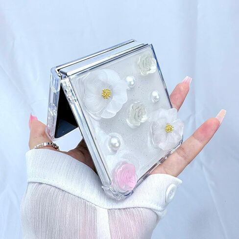 Elegant Woman Case for Galaxy Z Flip 5 with 3D White Bows and Pearls, Cute Girls Case for Samsung Galaxy Z Flip 5 Shockproof with Corner Protection and TPU Bumper, Lovely Case for Z Flip 5 -Bows in Kuwait