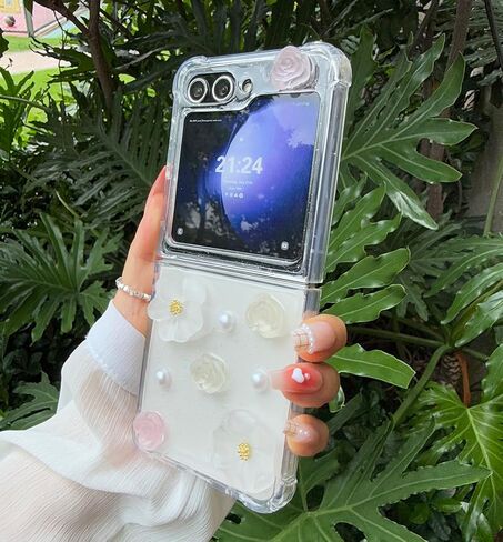 Elegant Woman Case for Galaxy Z Flip 5 with 3D White Bows and Pearls, Cute Girls Case for Samsung Galaxy Z Flip 5 Shockproof with Corner Protection and TPU Bumper, Lovely Case for Z Flip 5 -Bows in Kuwait