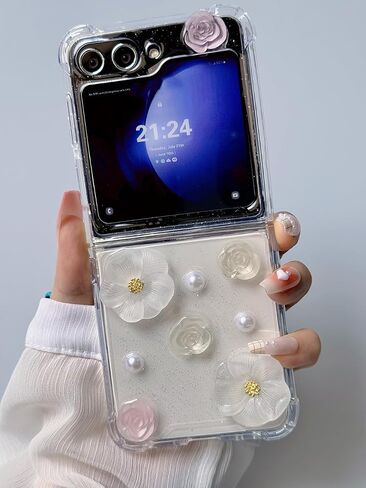 Elegant Woman Case for Galaxy Z Flip 5 with 3D White Bows and Pearls, Cute Girls Case for Samsung Galaxy Z Flip 5 Shockproof with Corner Protection and TPU Bumper, Lovely Case for Z Flip 5 -Bows in Kuwait