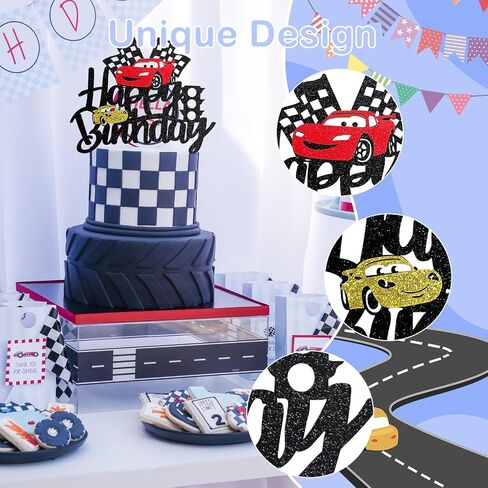 MEMOVAN Two Fast Cake Topper Race Car Birthday Cake Topper Decoration for Racing Car Checkered Flag Themed Girl Boy 3 Years Birthday Party Decoration in Kuwait