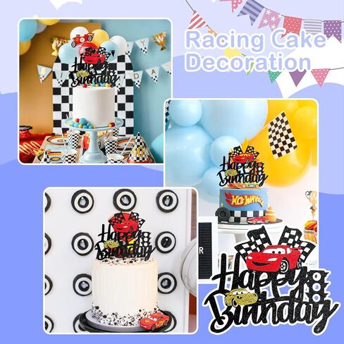 MEMOVAN Two Fast Cake Topper Race Car Birthday Cake Topper Decoration for Racing Car Checkered Flag Themed Girl Boy 3 Years Birthday Party Decoration in Kuwait