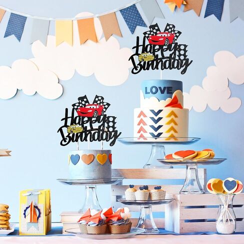MEMOVAN Two Fast Cake Topper Race Car Birthday Cake Topper Decoration for Racing Car Checkered Flag Themed Girl Boy 3 Years Birthday Party Decoration in Kuwait
