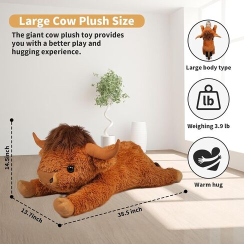 Highland Cow Stuffed Animal - 38.5" Dark Brown Giant Cows Plush Toy Gift for Kids & Adults, Cattle Decorations Pillows Living Room Bedroom in Saudi Arabia