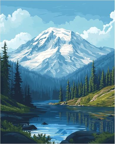 Rainier Mountain Paint by Numbers for Adults on Canvas, Snow Mountains Paint by Number for Beginner, Lake Forest Tree Scenery DIY Oil Painting Acrylic Paints for Home Decor(16×20inch, No Frame) in Saudi Arabia