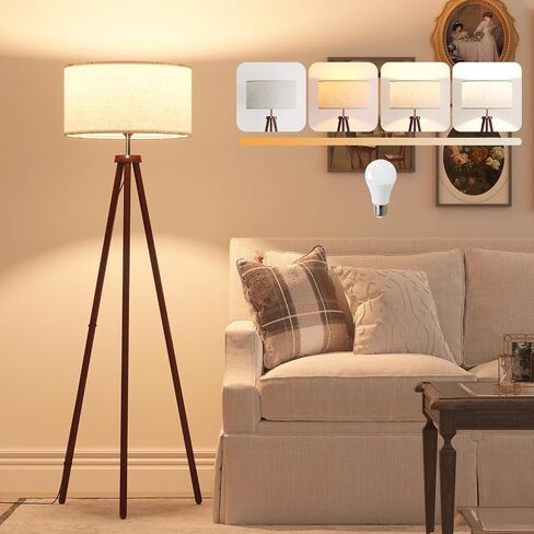 LiteHistory Wood Tripod Floor Lamps for Living Room, Bedroom, and Office,Standing lamp with Beige Linen Shade, 12W Three-Color Bulb Included, Pull Chain Switch, Tall lamp for Mothers Day Gifts, Brown in Kuwait