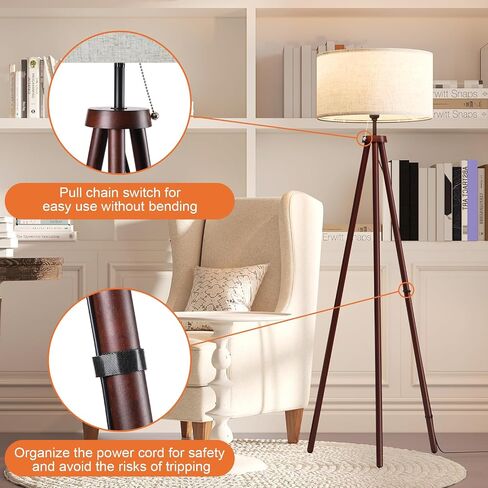 LiteHistory Wood Tripod Floor Lamps for Living Room, Bedroom, and Office,Standing lamp with Beige Linen Shade, 12W Three-Color Bulb Included, Pull Chain Switch, Tall lamp for Mothers Day Gifts, Brown in Kuwait