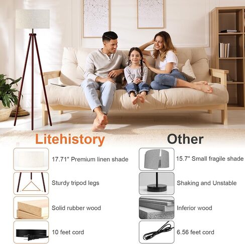 LiteHistory Wood Tripod Floor Lamps for Living Room, Bedroom, and Office,Standing lamp with Beige Linen Shade, 12W Three-Color Bulb Included, Pull Chain Switch, Tall lamp for Mothers Day Gifts, Brown in Kuwait