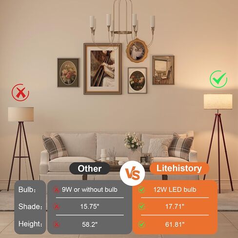 LiteHistory Wood Tripod Floor Lamps for Living Room, Bedroom, and Office,Standing lamp with Beige Linen Shade, 12W Three-Color Bulb Included, Pull Chain Switch, Tall lamp for Mothers Day Gifts, Brown in Kuwait