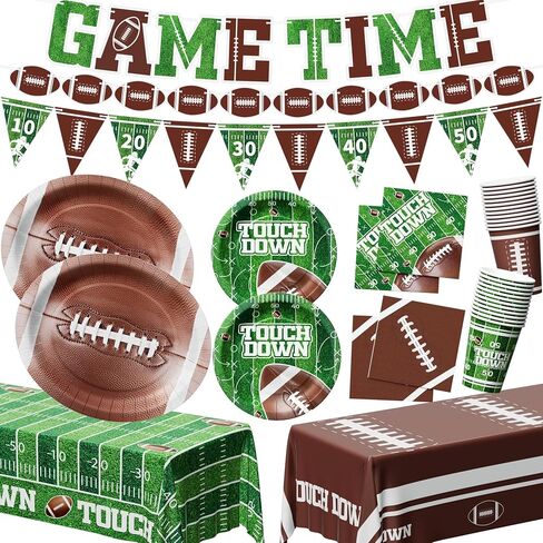 Ecomore 205PCS Football Party Decorations (Serves 50), Easter Decoartion Football Birthday Party Supplies with Disposable Paper Plates and Napkin Cup Banner Touchdown Tablecloth Graduation Party Decor in Saudi Arabia