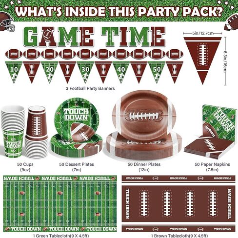 Ecomore 205PCS Football Party Decorations (Serves 50), Easter Decoartion Football Birthday Party Supplies with Disposable Paper Plates and Napkin Cup Banner Touchdown Tablecloth Graduation Party Decor in Saudi Arabia