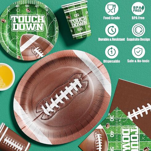 Ecomore 205PCS Football Party Decorations (Serves 50), Easter Decoartion Football Birthday Party Supplies with Disposable Paper Plates and Napkin Cup Banner Touchdown Tablecloth Graduation Party Decor in Saudi Arabia