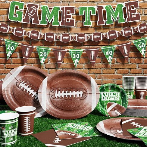 Ecomore 205PCS Football Party Decorations (Serves 50), Easter Decoartion Football Birthday Party Supplies with Disposable Paper Plates and Napkin Cup Banner Touchdown Tablecloth Graduation Party Decor in Saudi Arabia