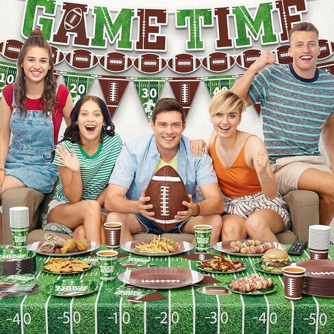 Ecomore 205PCS Football Party Decorations (Serves 50), Easter Decoartion Football Birthday Party Supplies with Disposable Paper Plates and Napkin Cup Banner Touchdown Tablecloth Graduation Party Decor in Saudi Arabia