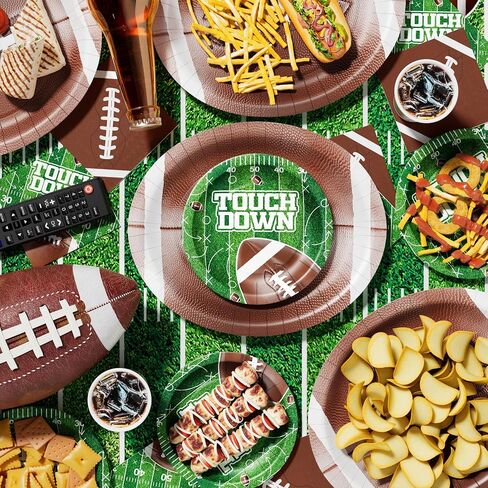 Ecomore 205PCS Football Party Decorations (Serves 50), Easter Decoartion Football Birthday Party Supplies with Disposable Paper Plates and Napkin Cup Banner Touchdown Tablecloth Graduation Party Decor in Saudi Arabia