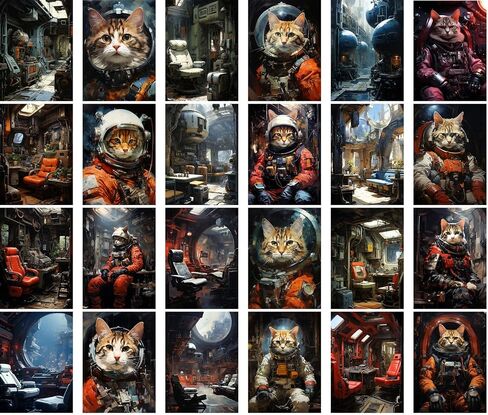 Large Stickers 24 pcs (2.5"x3.5" Each) Smart Space Cats in Spacesuits and Rockets Vintage Postcards Retro Greeting Card Book Illustration Reprint in Saudi Arabia