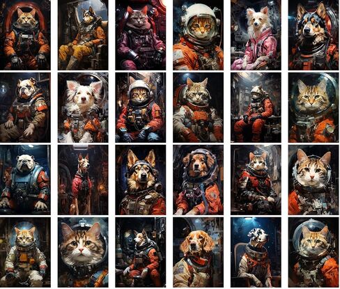 Large Stickers 24 pcs (2.5"x3.5" Each) Smart Space Cats in Spacesuits and Rockets Vintage Postcards Retro Greeting Card Book Illustration Reprint in Saudi Arabia
