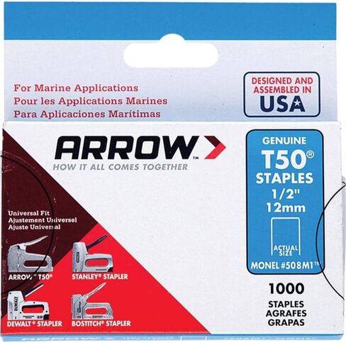 Arrow 508M1 Heavy Duty T50 Monel Staples for Marine Applications, 1/2-Inch Leg Length, 3/8-Inch Crown Size, 1000-Pack, Made in the USA in Saudi Arabia