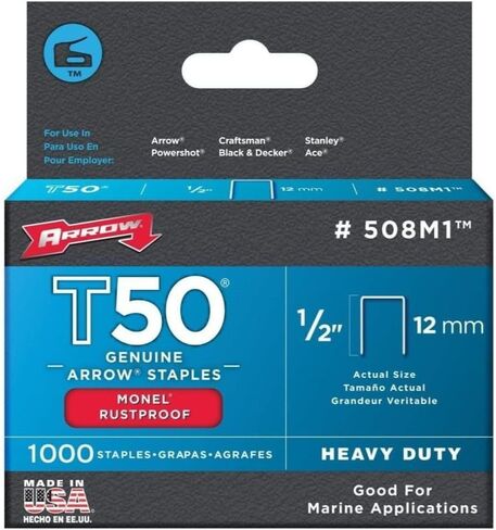 Arrow 508M1 Heavy Duty T50 Monel Staples for Marine Applications, 1/2-Inch Leg Length, 3/8-Inch Crown Size, 1000-Pack, Made in the USA in Saudi Arabia