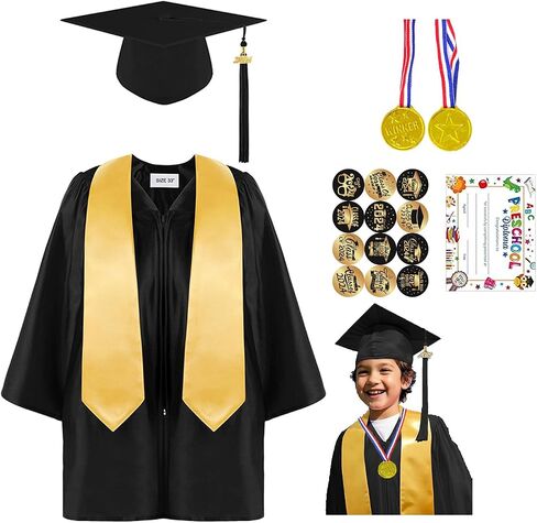 Kindergarten Graduation Cap and Gown Set with Sash Medal Certificate Pins for Preschool Kids – Black and Gold in Saudi Arabia