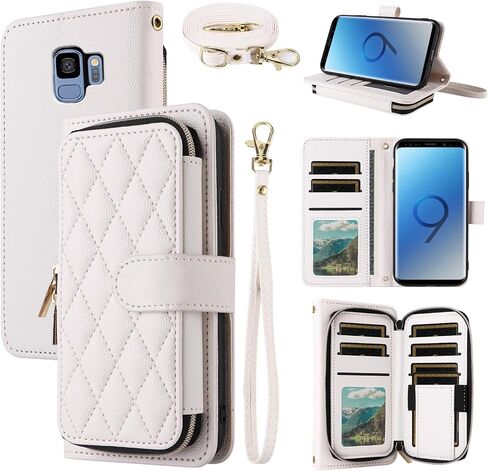 Argyle Wallet Case for Samsung Galaxy S9 with Wrist Strap Shoulder Strap, Zipper PU Leather Flip Credit Card Holder Stand Accessories Cell Phone Cover for S 9 Edge 9S GS9 Women Girls Red in Kuwait