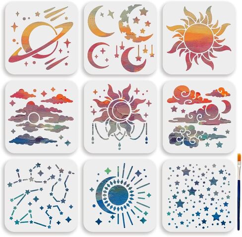Mayjoydiy 9pcs Star Sun Moon Stencil 6 × 6inch Planet Clouds قالب نهر Star مع فرشاة الطلاء قابلة لإعادة الاستخدام Galaxy Stencil in Kuwait