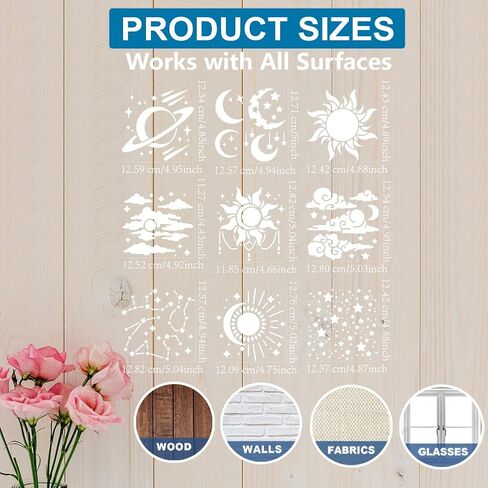 Mayjoydiy 9pcs Star Sun Moon Stencil 6 × 6inch Planet Clouds قالب نهر Star مع فرشاة الطلاء قابلة لإعادة الاستخدام Galaxy Stencil in Kuwait