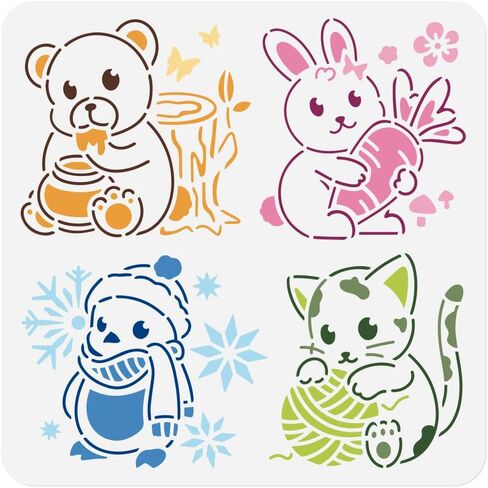 1pc رسم كاريكاتوري للحيوانات الحائط للطلاء ، 11.8 "x11.8" Teddy Bear Easter Bunny Rabbit Cat Stencil ، قوالب طلاء Snowman Christmas DIY Craft Arcl in Kuwait