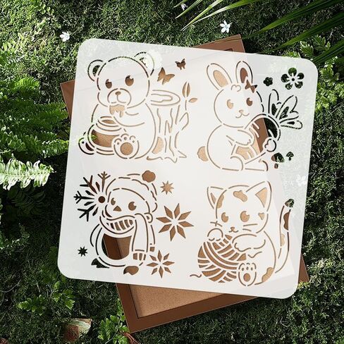 1pc رسم كاريكاتوري للحيوانات الحائط للطلاء ، 11.8 "x11.8" Teddy Bear Easter Bunny Rabbit Cat Stencil ، قوالب طلاء Snowman Christmas DIY Craft Arcl in Kuwait
