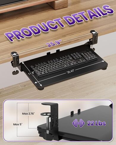 Ergonomic Mouse & Keyboard Tray Under Desk, Pull Out with Adjustable C-clamp, 20 x 11.8 Inch Slide Out Computer Keyboard Drawer Mouse Tray for Typing, Black in Saudi Arabia