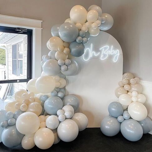 Dusty Blue Sand White Balloon Garland Arch Kit, Slate Fog Baby Blue Sand White Beige Latex Party Balloons for Boys Girls Bear Theme Baby Shower Birthday Gender Reveal Bridal Wedding Party Decorations in Kuwait