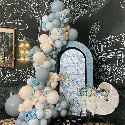Dusty Blue Sand White Balloon Garland Arch Kit, Slate Fog Baby Blue Sand White Beige Latex Party Balloons for Boys Girls Bear Theme Baby Shower Birthday Gender Reveal Bridal Wedding Party Decorations in Kuwait