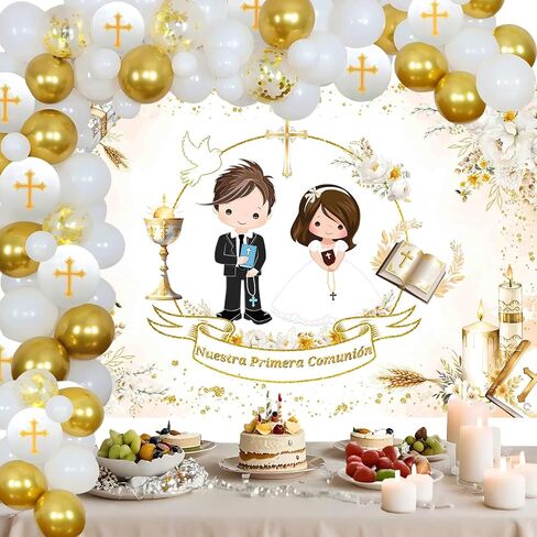 Baptism First Communion Decorations Primera Comunion Decoracion,Mi Nuestra Primera Comunion Backdrop Banner White Gold First Communion Balloon Arch,God Bless Bautizo 1st Holy Communion Decor in Saudi Arabia