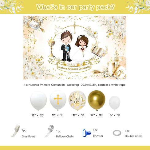 Baptism First Communion Decorations Primera Comunion Decoracion,Mi Nuestra Primera Comunion Backdrop Banner White Gold First Communion Balloon Arch,God Bless Bautizo 1st Holy Communion Decor in Saudi Arabia