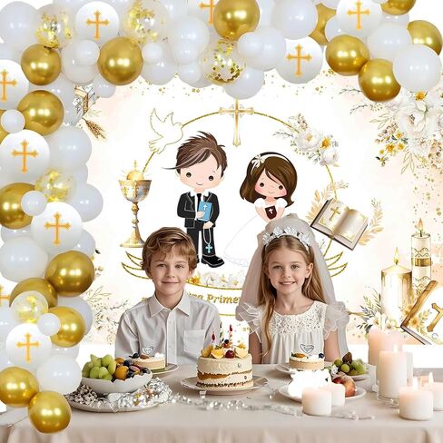 Baptism First Communion Decorations Primera Comunion Decoracion,Mi Nuestra Primera Comunion Backdrop Banner White Gold First Communion Balloon Arch,God Bless Bautizo 1st Holy Communion Decor in Saudi Arabia