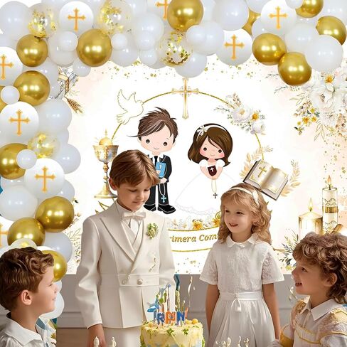 Baptism First Communion Decorations Primera Comunion Decoracion,Mi Nuestra Primera Comunion Backdrop Banner White Gold First Communion Balloon Arch,God Bless Bautizo 1st Holy Communion Decor in Saudi Arabia